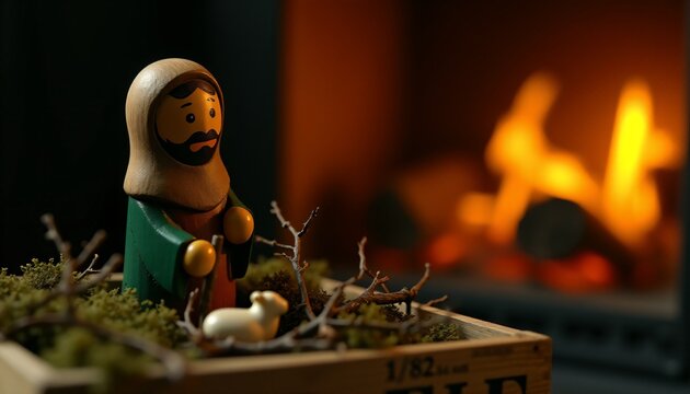 Wooden nativity figurine and sheep in moss crate with warm fireplace b