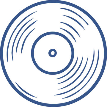 A simple blue line art illustration of a vinyl record isolated on a plain white background with concentric circular grooves
