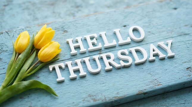 Hello thursday text message with fresh yellow tulips on blue wooden background