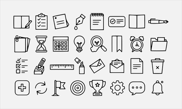 Notes and task icon set. Includes reminder, priority, deadline, completed, calendar vector illustration