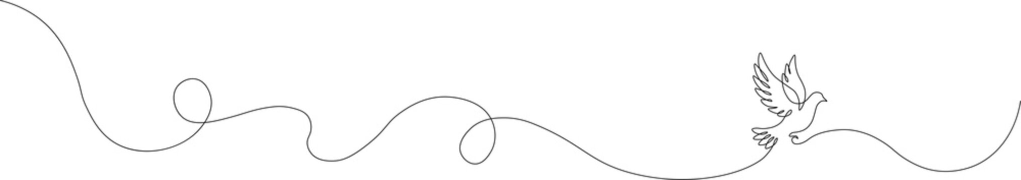 Simple continuous line drawing of flying pigeon with wave design. Minimalist art concept of peace and freedom. Isolated on white background.