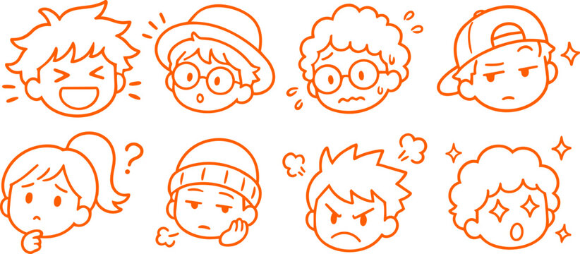 Set of eight hand drawn cartoon faces expressing different emotions and feelings on white background with joy surprise worry