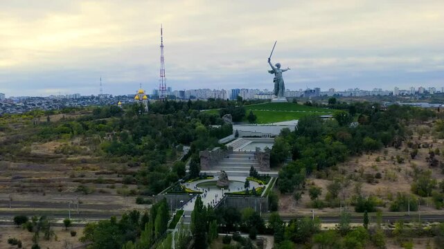 Volgograd, Russia. Evening view of the sculpture Motherland Calls! on the Mamaev Kurgan in Volgograd. Cloudy weather. Drone footage, Point of interest
