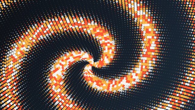 Abstract spiral background, with orange and, white square pixel, patterns on a, dark blue backdrop, for digital and, web textures