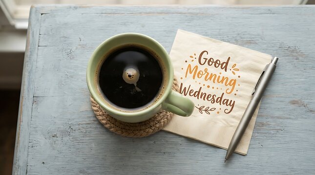 Black coffee in a mug next to a napkin printed with good morning wednesday
