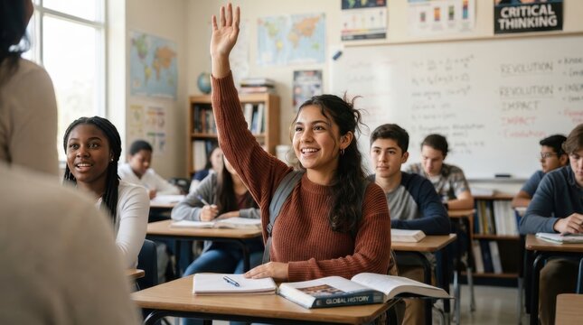 Engaged Student in Classroom: A bright young student eagerly raises her hand to answer a question in a lively classroom, surrounded by classmates and a teacher.