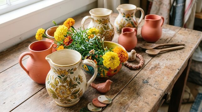 Rustic Charm Ensemble: A delightful collection of handcrafted ceramic pitchers, earthenware jugs, and vibrant marigold blooms are artfully arranged on a weathered wooden table.