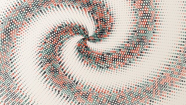 Abstract spiral pattern of red and teal circles on a light cream background, creating a dynamic vortex effect with a halftone dot style