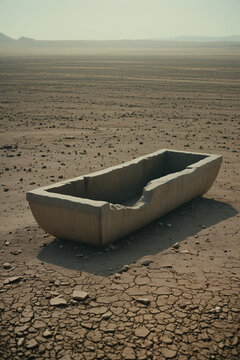 Empty Stone Trough Resting in a Cracked Drought Landscape