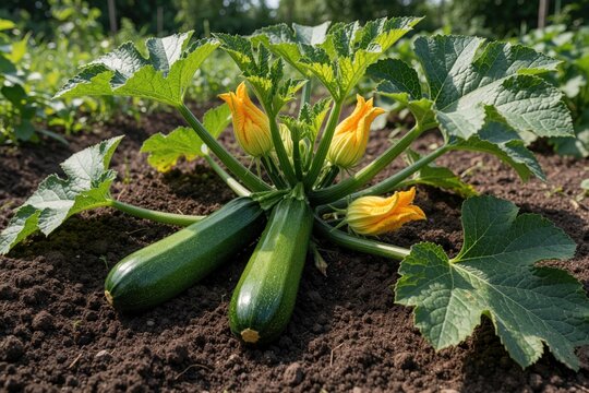 Fresh green courgette vegetables grow in dark garden soil. Large leaves, bright yellow flowers surround ripe zucchini plants. Organic summer produce grows outdoors in farm field. Healthy raw veggie
