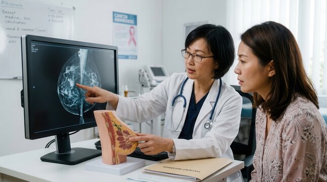 Doctor Explains Mammogram Results To Patient Using Anatomical Model And Screen