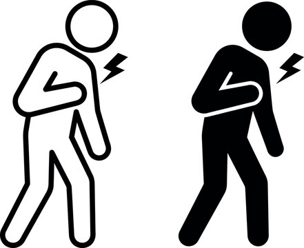 Two stick figures showing signs of chest pain and potential heart attack symptoms