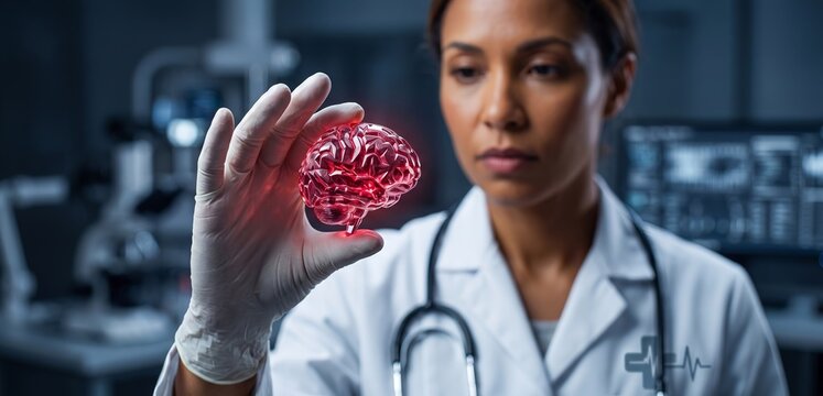 Medical Researcher Examining 3D Model of Brain in Laboratory