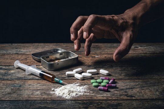 Drug Addiction With Syringe and Pills on Wooden Table