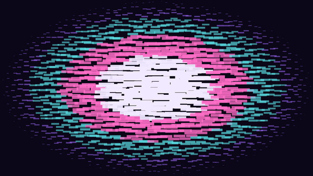 Abstract background, with a central, oval shape composed, of horizontal rectangular, blocks in pink, teal, and white, on a dark, purple background