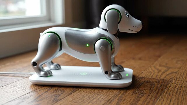 Robot dog charging dock with metallic silver body and green light on wooden floor in soft natural light technology ambiance