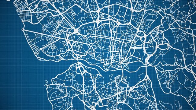 Ink reveal animation of Porto (Oporto) City, Portugal, grid map. Aerial top view. Blueprint style. White lines with blue background. 4K Seamless loop. 