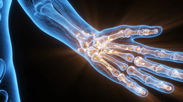 Realistic 3D animation of a human wrist fracture with glowing bone break, ideal for medical training, healthcare marketing, and surgical presentations.