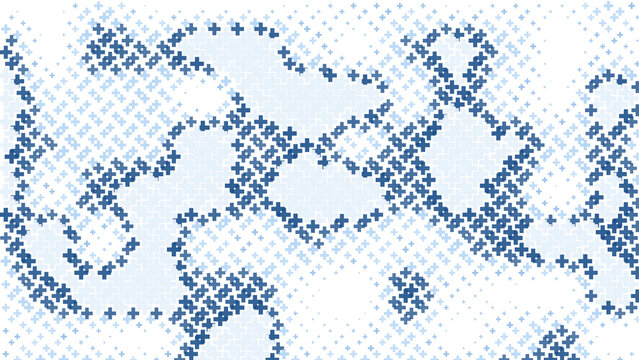 Abstract camouflage pattern with blue and white plus sign shapes on a black background, creating a textured, and organic visual appearance