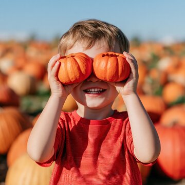Smiling child holding small pumpkins over eyes in pumpkin patch autumn background for halloween banner and seasonal poster design