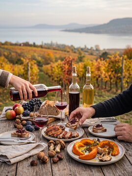 Authentic Hospitality at Hungarian Wine Estate with Hands Pouring Wine and Preparing Traditional Snacks with Copy Space
