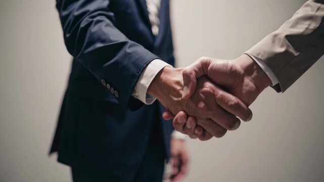 Two executives shake hands in close up, their suit sleeves and interlocked fingers filling frame. Warm light and soft blur behind them suggest formal meeting, deal making, and cooperation.