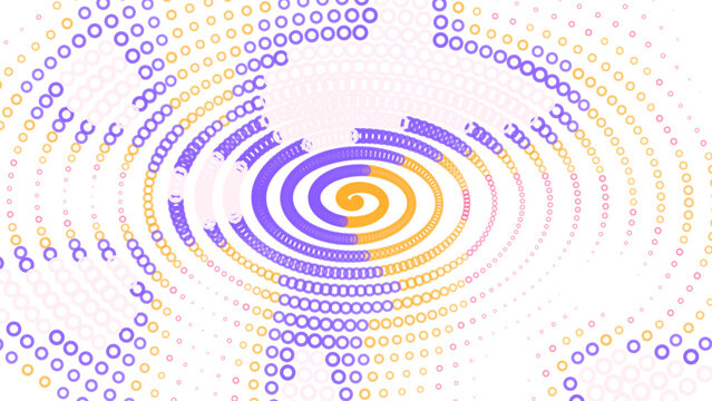 Abstract spiral pattern with purple, orange, pink, and white circular dots on a black background, creating a vibrant digital vortex effect