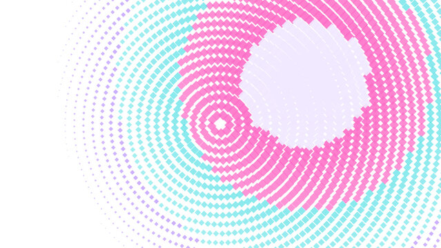 Concentric circles of pink, turquoise, and purple circular dots forming a radial pattern on a black background, creating a vibrant ripple effect