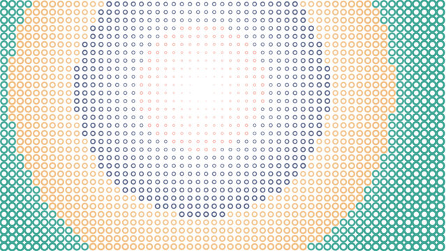 Concentric circular pattern featuring alternating rings of blue and orange pixelated textures on a teal dotted background, for visual impact