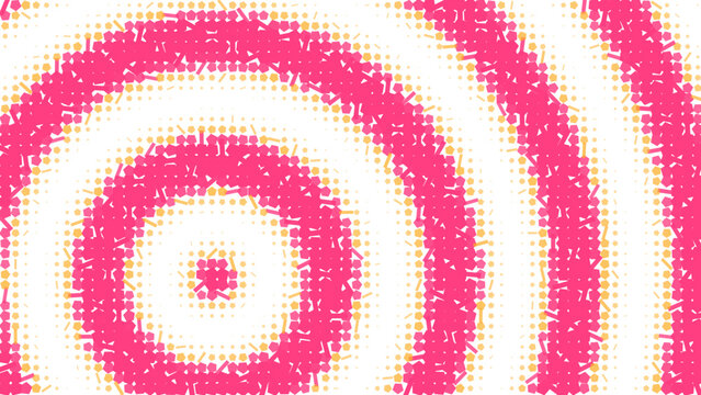 Concentric circles of bright pink and orange circular dots forming a radial pattern on a black background, creating a vibrant digital ripple effect