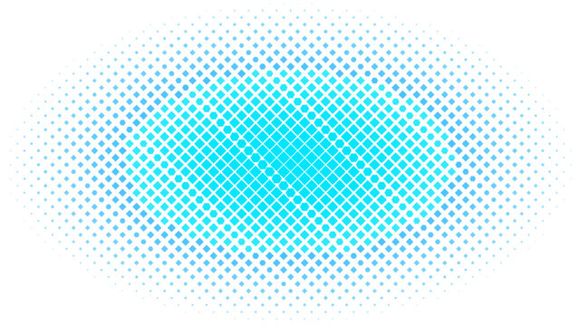 Elliptical shape with a blue grid pattern fading into a dark background, with a halftone, dot gradient effect, and a central, bright cyan glow