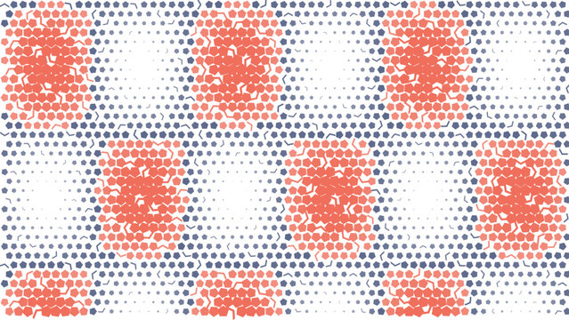 Geometric grid pattern with alternating blocks of coral pink and black circles on a dark blue background, creating a repeating, tile texture