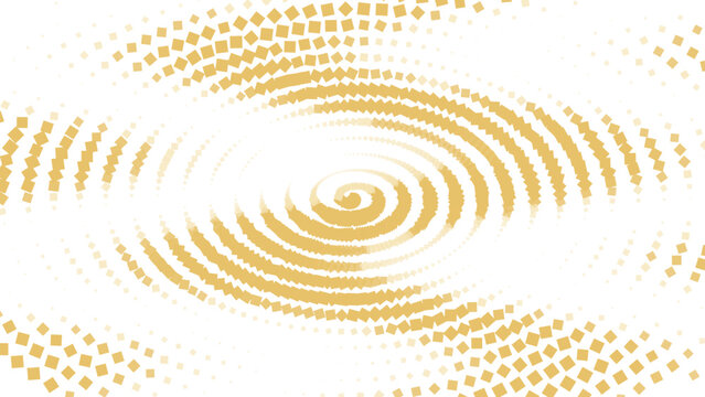 Golden yellow and black swirling spiral pattern made of small circular dots on a black background, forming a dynamic geometric vortex effect