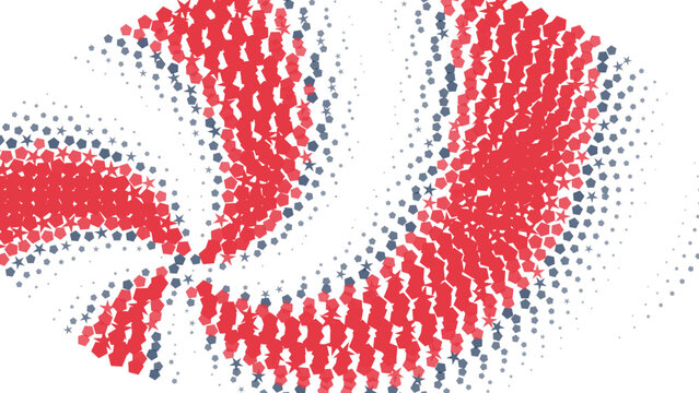 Red and dark blue swirling spiral pattern made of small circular dots on a black background, forming a dynamic and vibrant geometric vortex