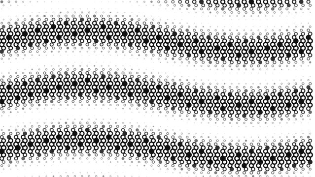 Wavy horizontal lines of small grey and black circular dots creating a textured pattern on a black background, forming a rhythmic wave effect