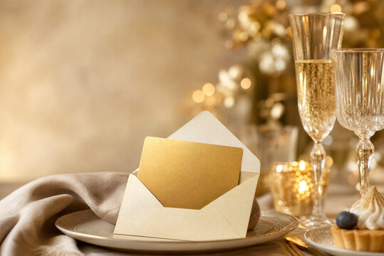 Elegant gold invitation card in open envelope, luxury dinner table setting with champagne, festive holiday celebration greeting