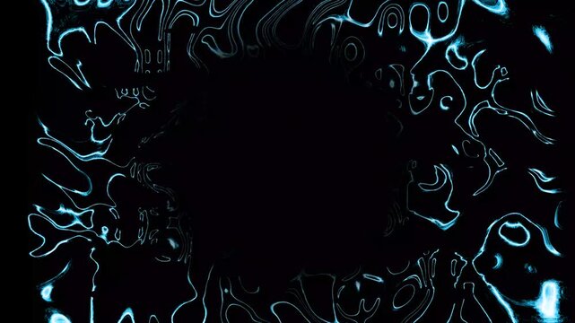 Glowing blue electric liquid lines flowing in topographic wave frame border, abstract cyan energy distortion ripple overlay animation, futuristic technology border visual on black screen. 4k video