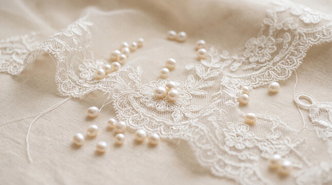 ivory lace with freshwater pearls wedding dress fabric flatlay