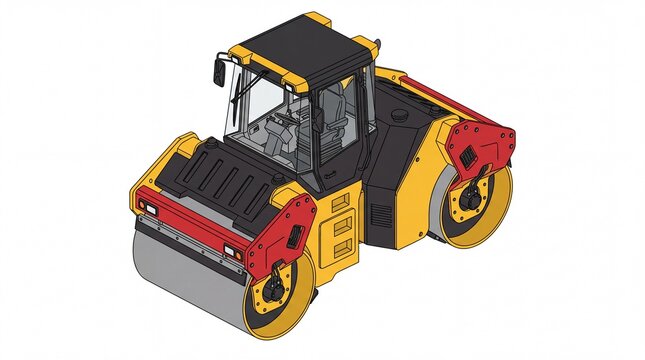 Isometric illustration of a heavy industrial soil compactor vehicle used for road construction and paving projects isolated on white background