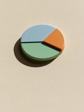 3d rendering of a pie chart on a beige background. the pie chart is circular in shape and has four sections, each with a different color - blue, green, orange, and light blue.