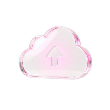 Soft pink transparent cloud with upward arrow rendered in glossy 3D glass style, representing cloud storage, data upload, backup, online services, and digital technology.
