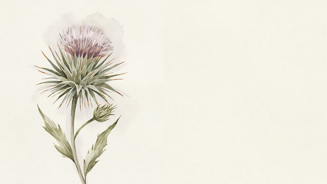 A watercolor painting of a purple thistle flower on a stem isolated on a transparent background