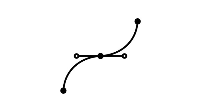 A black vector graphic showing a single bezier curve path with anchor points and direction handles isolated on a clean white background for design