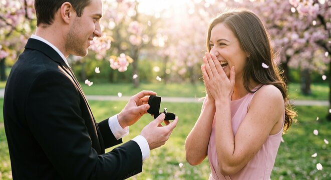 Joyful young woman reacts with laughter as her partner proposes with a diamond ring in a sunlit blooming park with cherry blossom petals.