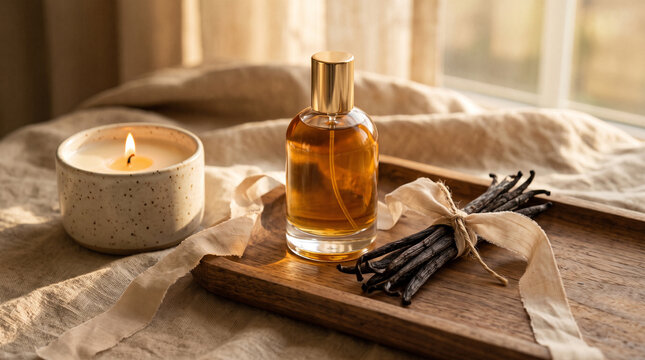 perfume bottle with vanilla beans and burning candle on wooden tray