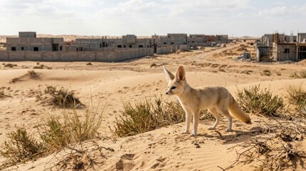Fototapeta premium Fennec Fox in Desert: A Fennec fox stands on a sand dune in the desert, with abandoned buildings in the background under a clear sky.