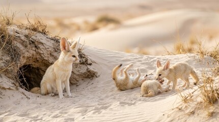 Fototapeta premium Fennec Fox Family in Desert Sands: A Fennec fox mother watches her playful pups tumble and frolic in the warm, soft sand dunes near their desert burrow.