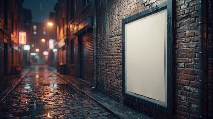 Fototapeta premium urban atmosphere design, a weathered brick wall displays a minimal poster, glistening from rain