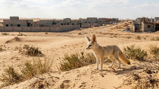 Fennec Fox in Desert: A Fennec fox stands on a sand dune in the desert, with abandoned buildings in the background under a clear sky.
