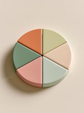 Circular pie chart with six sections. the sections are arranged in a grid-like pattern, with each section having a different color - orange, pink, light green, and light blue.